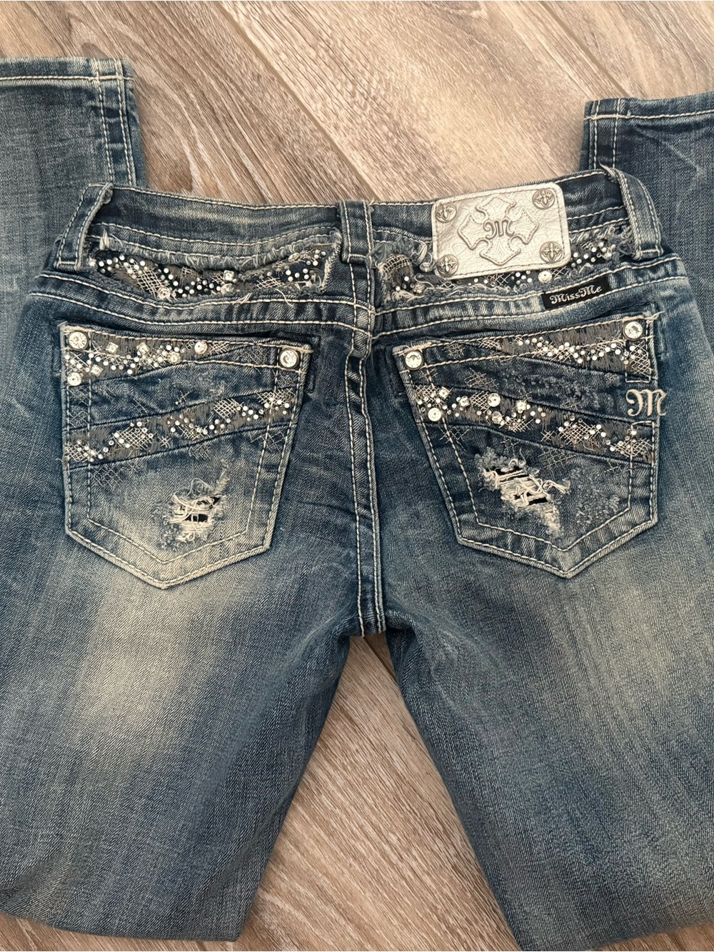 Miss Me Blue Distressed Skinny Jeans with Rhinestone Embellished Pockets